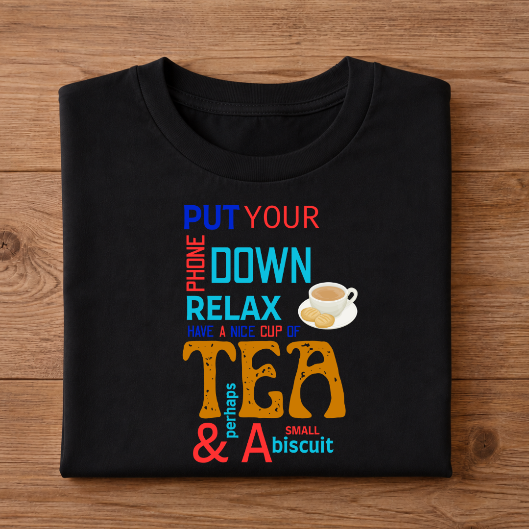 PUT YOUR PHONE DOWN RELAX HAVE A NICE CUP OF TEA & PERHAPS A SMALL BISCUIT Unisex Half Sleeve T-Shirt